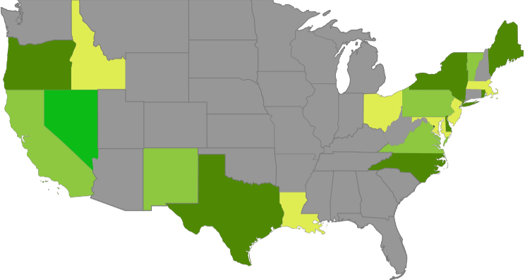 A map of the united states with green and yellow areas.